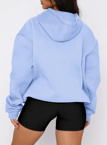 Miniatura 60 de onlypuff Sudadera casual con capucha para mujer, de manga larga, con bolsillo de canguro, hombro caído