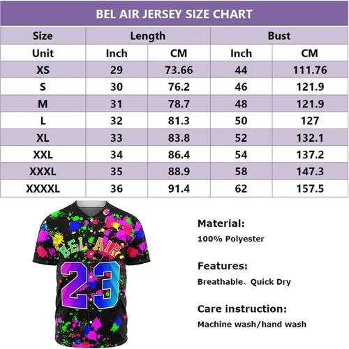 Miniatura 6 de Ouwonkin Bel Air 23 - Camisetas de béisbol de los años 90, ropa de hip hop para hombres y mujeres, camisa Belair de manga corta para fiesta temática