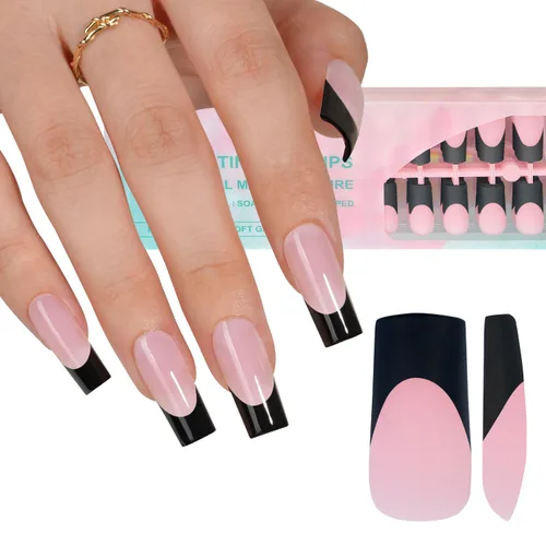 Misssix Puntas de uñas de gel francesas negras, 240 piezas de puntas francesas de uñas postizas largas cuadradas, no es necesario limar, puntas 3 en