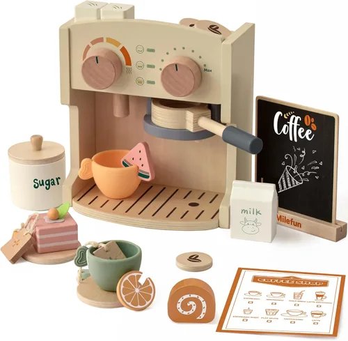 Set de juego de madera para hacer café - 22 piezas, juguete de cafetera para niños de 3 a 8 años, juguetes de aprendizaje Montessori con máquina de