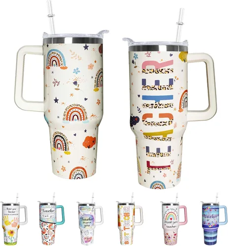 Miniatura 18 de Vaso de 40 onzas con asa de 40 onzas con diseño de mariposa morada con tapa, popote con doble aislamiento, taza de café de viaje, regalo de mariposa