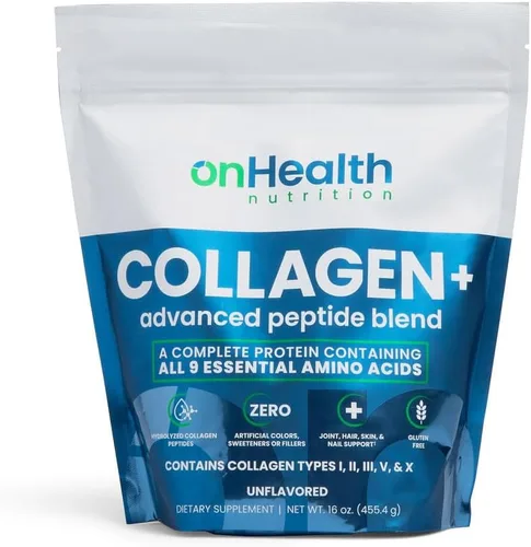 onHealth - Polvo de péptidos multicolágeno tipo I, II, III, V y X proteína completa con los 9 aminoácidos esenciales, biotina, ácido hialurónico y