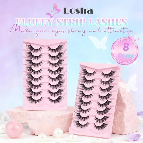 Miniatura 7 de Losha Pestañas esponjosas de ojo de gato, pestañas postizas cruzadas 6D, 8 pares de pestañas reutilizables de imitación de visón con punta que