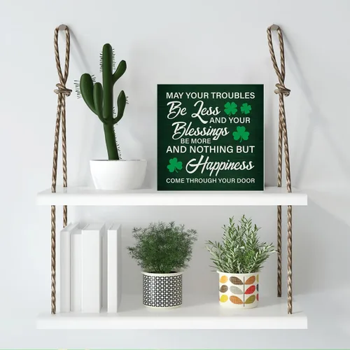 Miniatura 5 de Decoración del Día de San Patricio con texto en inglés «May Your Troubles Be Less and Your Blessings Be More » Letrero de madera para decoración