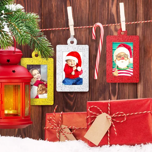 Miniatura 7 de Jetec 36 marcos de fotos con brillantina para decoración de árbol de Navidad, mini marco de fotos de fieltro, marco pequeño para colgar, regalos