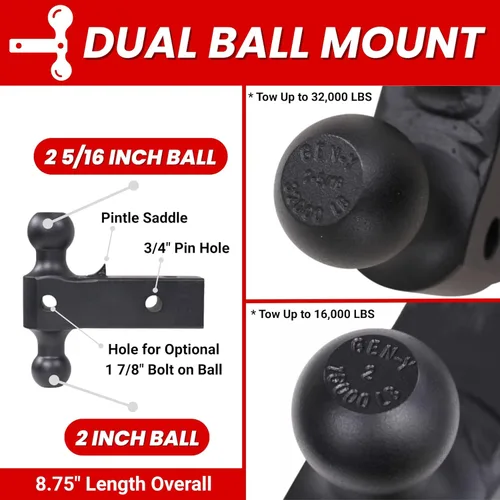 Miniatura 11 de GEN-Y Hitch Enganche de caída ajustable de 6 pulgadas con doble bola GH-0161, GH-0162 bloqueo de punta para receptor de 2.5 pulgadas - Capacidad
