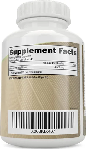 Miniatura 7 de Cápsulas de hígado de res alimentadas con pasto 750 mg por cápsula Apoyo energético Suplemento de hígado de res criado en pastos, sin hormonas