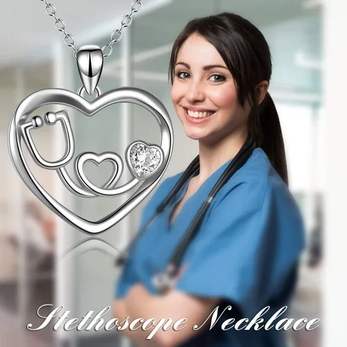 Miniatura 5 de Collar con estetoscopio de plata de ley con diseño de corazón y enfermería, regalo para enfermeras y médicos