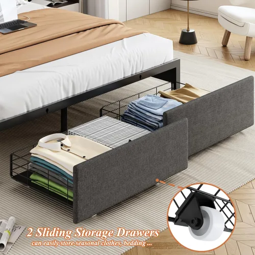 Miniatura 4 de Base de cama tamaño queen con cabecera de almacenamiento y 2 cajones, base de cama tapizada de lino con luces LED y estación de carga, no necesita