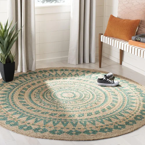 SAFAVIEH Colección de Fibra Natural Redonda NF802E - Alfombra trenzada de yute color telón, 6 pies, redonda, hecha a mano, estilo mandala boho