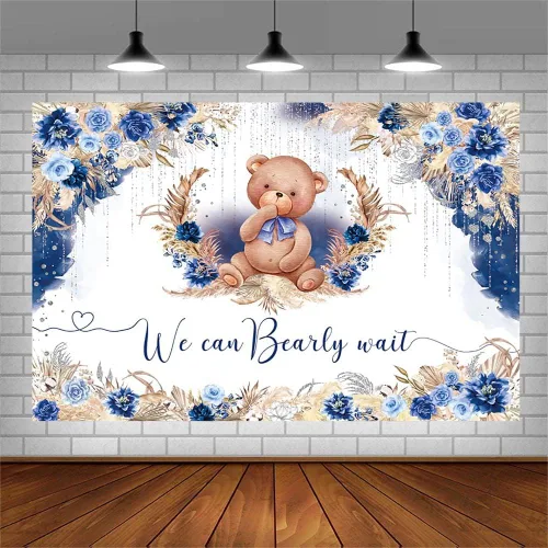 Miniatura 3 de AIBIIN Telón de fondo bohemio para baby shower de 10 x 7 pies para niño, We Can Bearly Wait Oh Baby, fondo de fotografía de flores azul real, hierba