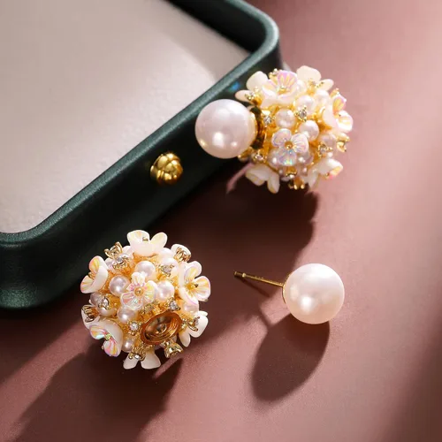 Miniatura 5 de Aretes de bola de flor de perlas, aretes de bola blanca para mujeres y niñas, Zinc, Perla