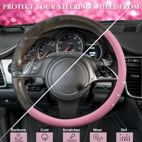 Miniatura 5 de CAR PASS Funda para Volante de Cuero Rosa con Diamantes de Imitación Brillantes, Piedras de Imitación Brillantes con Tachuelas Ajuste Universal 14