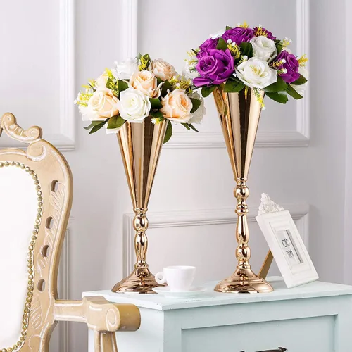 Miniatura 2 de Sziqiqi Juego de 2 centros de mesa altos metálicos para mesas de recepción de boda Florero dorado con soporte Decoración de base para fiestas