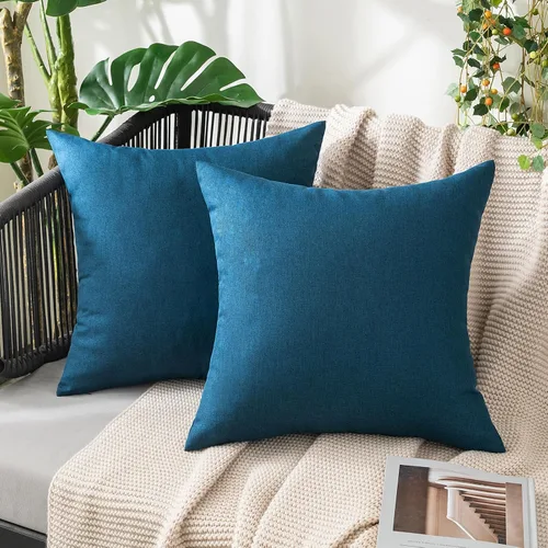 MIULEE - Paquete de 2 fundas de almohada decorativas para exteriores, impermeables, sólidas, de imitación de lino, para jardín, casa de campo, Azul