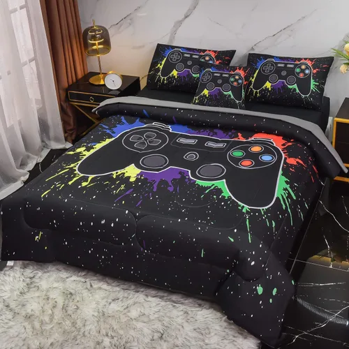 Miniatura 9 de Juego de edredón de 6 piezas para niños y adolescentes, niños y niñas, cama temática de videojuegos con grafitis de colores en una bolsa