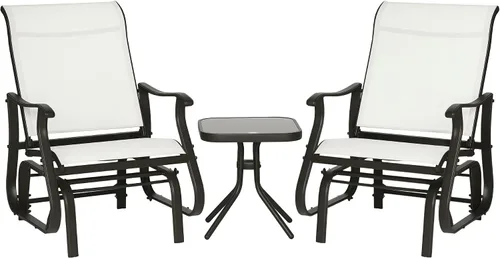 Miniatura 10 de Outsunny Juego de 3 planeadores para exteriores, mesa de bistró y sillas con marco de acero, mesa superior de vidrio templado para patio, jardín