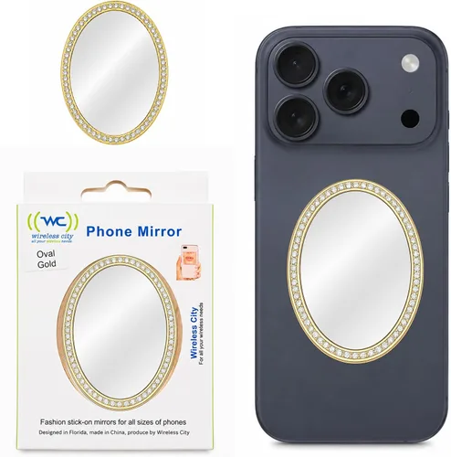 Wireless City Espejo ovalado para teléfono, espejo de maquillaje con diamantes dorados con circonita cúbica, espejo de 5,5 a 2.8 in, ideal para