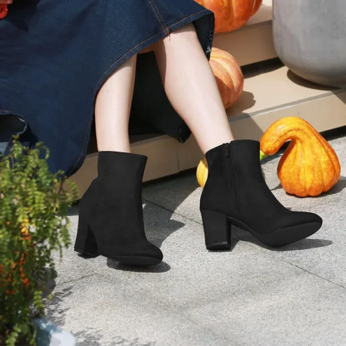 Miniatura 3 de Allegra K Botines de tacón grueso con punta redonda para mujer