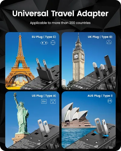 Miniatura 2 de LENCENT Adaptador de viaje universal de 120 W, adaptador de viaje internacional GaN con 3 puertos USB-C 1 USB-A, cargador rápido mundial para Negro
