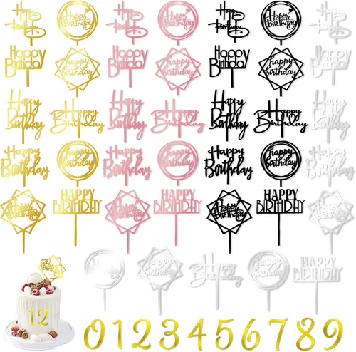 50 piezas de acrílico para decoración de tarta de cumpleaños, color dorado, negro, rosa, plateado, para decoración de pasteles de cumpleaños (4