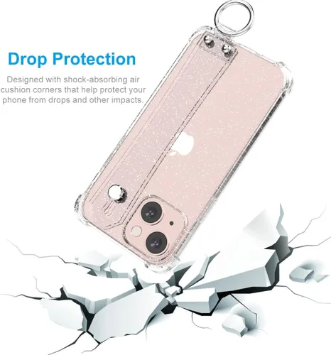 Miniatura 6 de Funda con purpurina con correa de mano compatible con iPhone 13 de 6.1 pulgadas, funda transparente brillante con correa de muñeca ajustable soporte