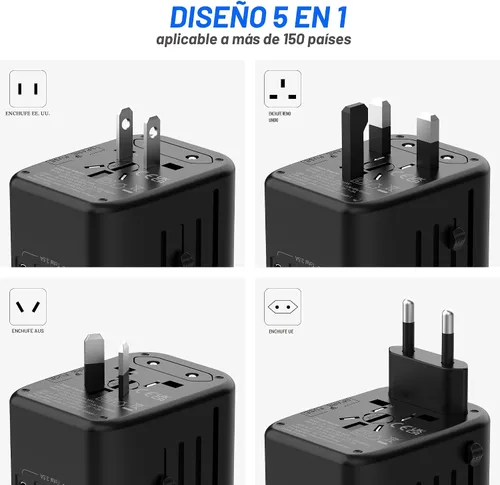 Miniatura 4 de VYLEE - Adaptador de viaje universal, adaptador de corriente internacional 5 en 1, cargador de pared 3.5A 2xUSB-A y 2 USB C, enchufe esencial