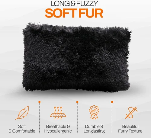 Miniatura 8 de Cheer Collection Almohadas para sofá y cama, almohadas suaves y peludas con rellenos incluidos, acogedoras almohadas de pelo sintético de pelo Negro