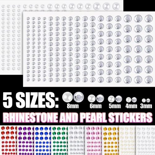 Miniatura 3 de Juego de 15 hojas de diamantes de imitación para la cara y calcomanías de perlas, 4 con 9 colores, gemas autoadhesivas de forma mixta, con pegamento