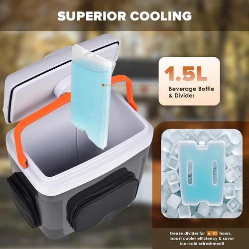 Miniatura 11 de Kikihuose Refrigerador de Coche de 12V 32 Qt (30L) Enfriador/Calentador Eléctrico con Bolsillos, Divisor de Paquete de Hielo, Tapa Extraíble