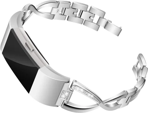 Bandas compatibles con Fitbit Charge 2, bandas de metal con diamantes de imitación brillantes de repuesto para mujer, plata, oro rosa, negro plateado