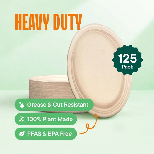 Miniatura 2 de Platos de papel ovalados 100 % compostables [12.5 pulgadas – paquete de 50 unidades] Elegante plato desechable de alta calidad, bagazo natural sin
