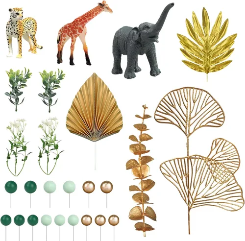 Miniatura 3 de 26 piezas de decoración de pasteles de animales de la selva, figuras de animales de safari, palmeras doradas, selva salvaje, animales salvajes