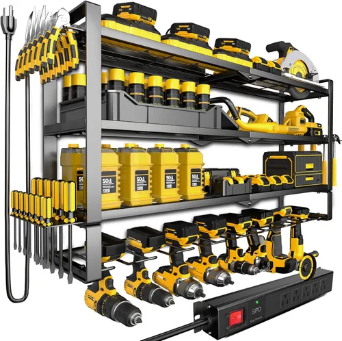 MOOMSINE Organizador grande de herramientas eléctricas para montaje en pared con estación de carga para garaje, estante de almacenamiento de metal