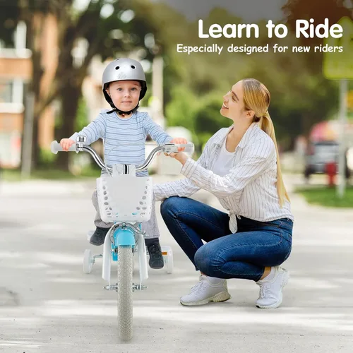 Miniatura 6 de HONEY JOY Bicicleta para niños de 12, 14, 16, 18, 20 pulgadas, con ruedas de entrenamiento, freno de mano y freno de posavasos, cadena totalmente