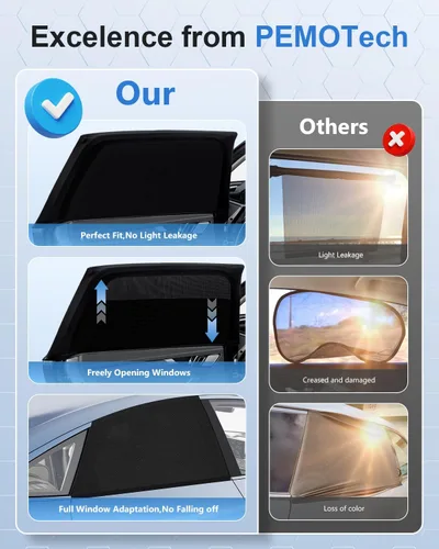 Miniatura 8 de PEMOTech - Parasol para ventana de coche (2 pack) - Certificado, parasol para ventana lateral del coche, protección UV, transpirable, de spandex