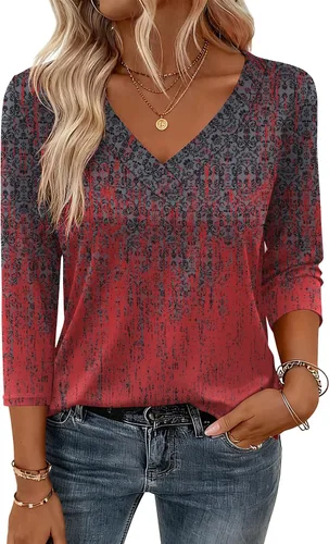 Miniatura 8 de Zeagoo Camisetas de manga 3/4 para mujer, cuello en V, blusa casual elegante, camisetas básicas 2026, ropa de moda S-2XL