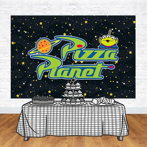 Miniatura 2 de Telón de fondo de planeta de pizza para fiesta de cumpleaños, fondos de fotos, tema de cumpleaños, cartel de baby shower, 59 x 38 pulgadas, amarillo
