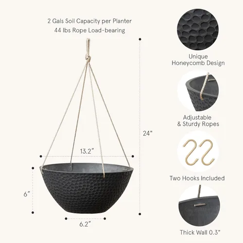Miniatura 2 de LA JOLIE MUSE Macetas colgantes para plantas al aire libre, maceta colgante grande con agujeros de drenaje, macetas colgantes al aire libre, negro