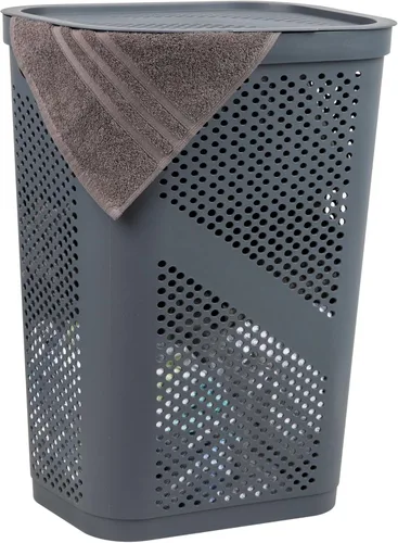 Mind Reader - Canasta de lavandería delgada con tapa, cesta de ropa de 60L, plástico ventilado, color gris