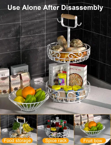 Miniatura 3 de Plato de 2 niveles y frutero – Almacenamiento de frutas y verduras con colgador de árbol de plátano y mango de madera, cesta de frutas para encimera