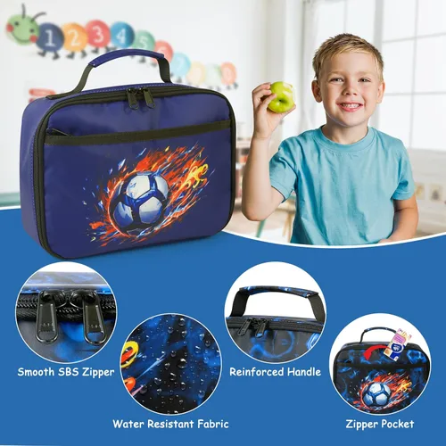 Miniatura 2 de Lonchera para niños y niñas, con aislamiento, reutilizable, hielera para niños pequeños, escuela, guardería, picnic (pelota de fútbol, azul marino)