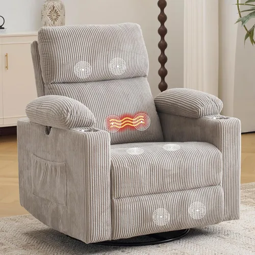 Miniatura 13 de Silla Reclinable Eléctrica de Gran Tamaño Giratoria Deslizante con Masaje y Calor, Sillón Reclinable Giratorio Mecedor con Reposabrazos Ajustables