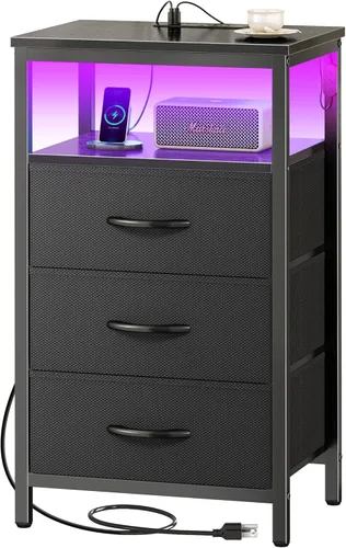 Miniatura 19 de Huuger - Mesita de noche con estación de carga y luces LED, mesita de noche con 2 cajones, mesa auxiliar de cama con estante abierto, mesa auxiliar