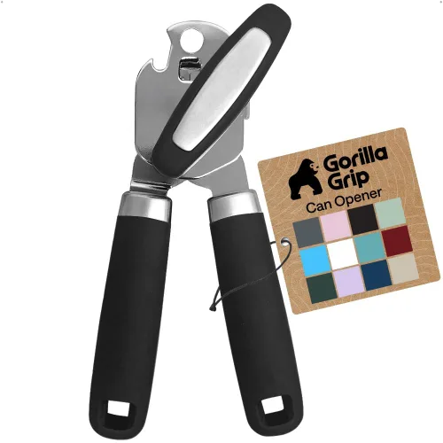 Abridor de latas manual de acero inoxidable resistente de borde suave GORILLA GRIP, mango suave y cómodo, perilla giratoria grande de mano, Negro