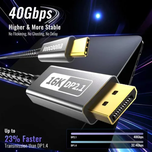 Miniatura 3 de Cable USB-C a DisplayPort 2.1 de 3 pies 16K @30Hz 8K a 120Hz 4K @240Hz 40Gbps, cable Thunderbolt 4/3 a DisplayPort 2.1