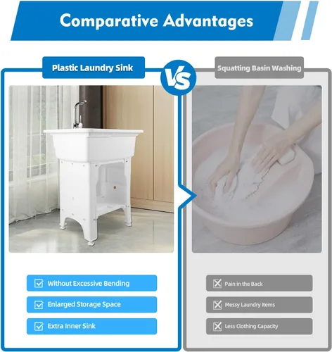 Miniatura 3 de Fregadero de lavandería de plástico independiente blanco con tabla de lavadero, fregadero de utilidad para interiores y exteriores con grifo de agua