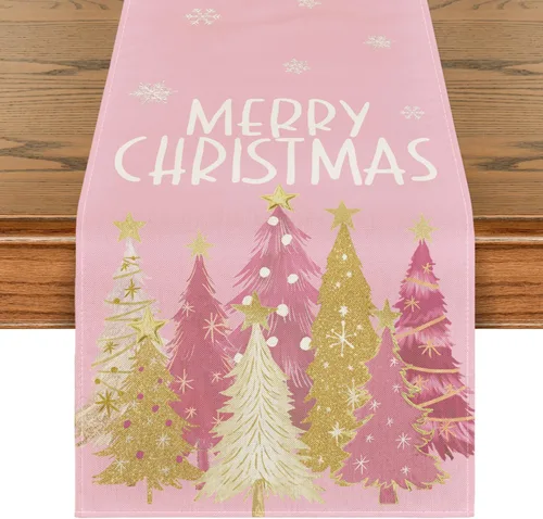 Miniatura 9 de Artoid Mode Camino de Mesa de Feliz Navidad con Árboles de Navidad y Copos de Nieve Rojos 210 GSM, Decoración de Mesa de Comedor de Cocina