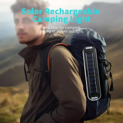 Miniatura 8 de Linterna solar recargable para campamento, 2000 lúmenes, 4 modos de luz, carga solar y USB (negro)