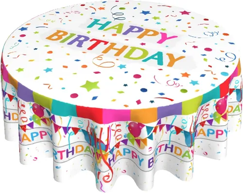 Mantel redondo de feliz cumpleaños de 60 pulgadas con globos de colores vibrantes y estrellas pequeñas y estrellas, mantel decorativo colorido con